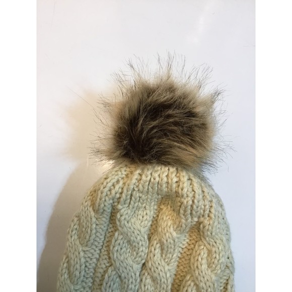 White Leopard Beanie Khaki Colored With Brown Fur Fluff On Top - Picture 4 of 4